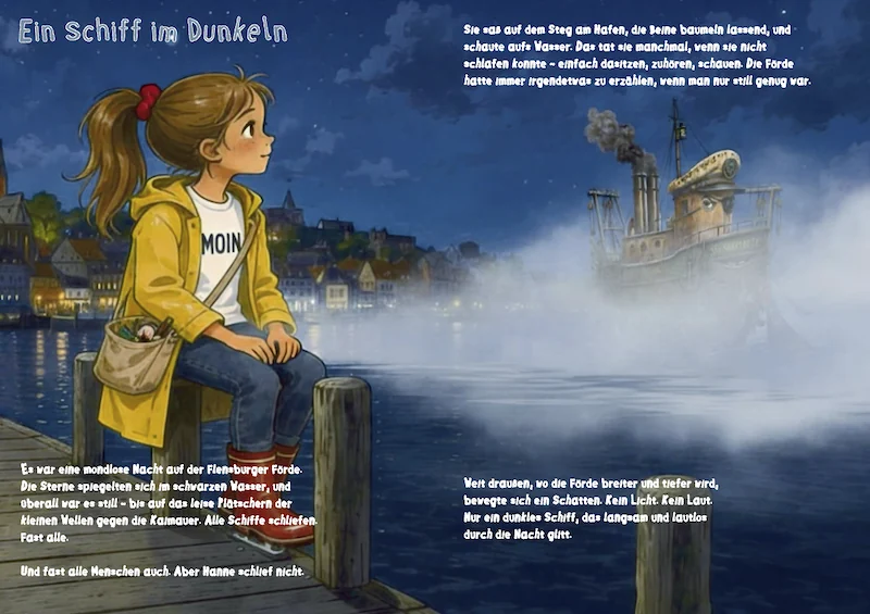 Doppelseite Ein Schiff im Dunkeln mit Hanne am Steg und einem Schiff im Nebel
