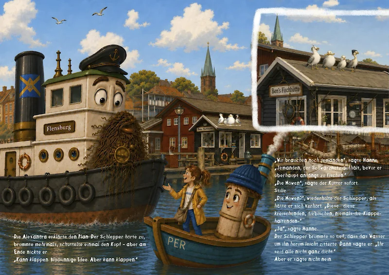 Doppelseite mit Schlepper Flensburg, Hanne, Per und Ben's Fischhütte