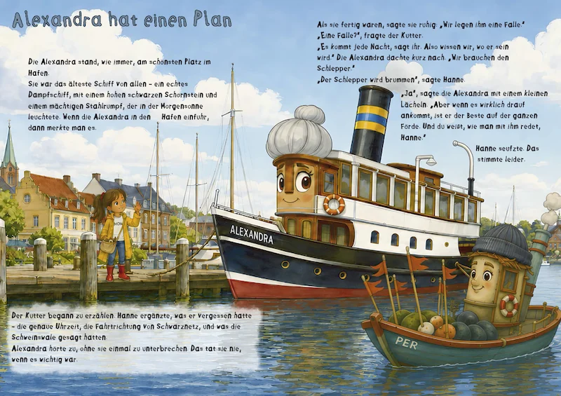 Doppelseite Alexandra hat einen Plan mit Alexandra, Hanne und Per im Hafen